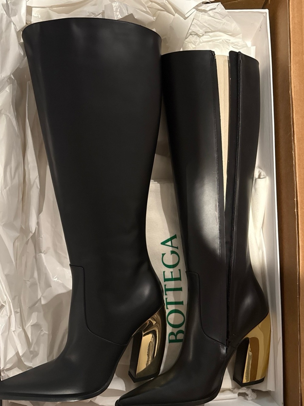 Bottega Black Leather Knee-High Boots with Gold Block Heel